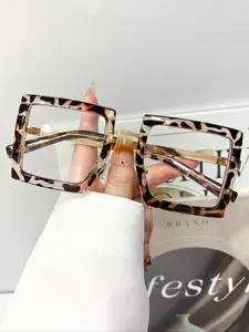 Fashion Vintage Large Frame Square Glasses, High-Quality Metal Temple, Unisex Casual Daily Wear, Simple Versatile Decoration Eyewear, Leopard Pattern Eyeglasses