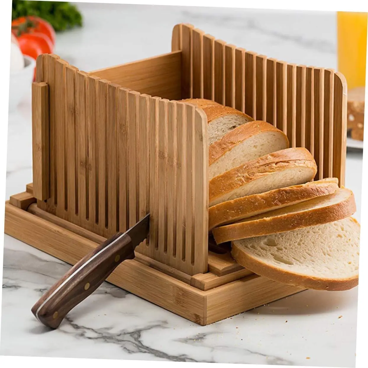 Summerwins Natural Wood Bamboo Bread Slicer - Durable, Foldable, Compact Kitchen Utensil with Detachable Crumb Tray, Easy to Clean for Homemade Bread Cutting, Handmade Craft Use