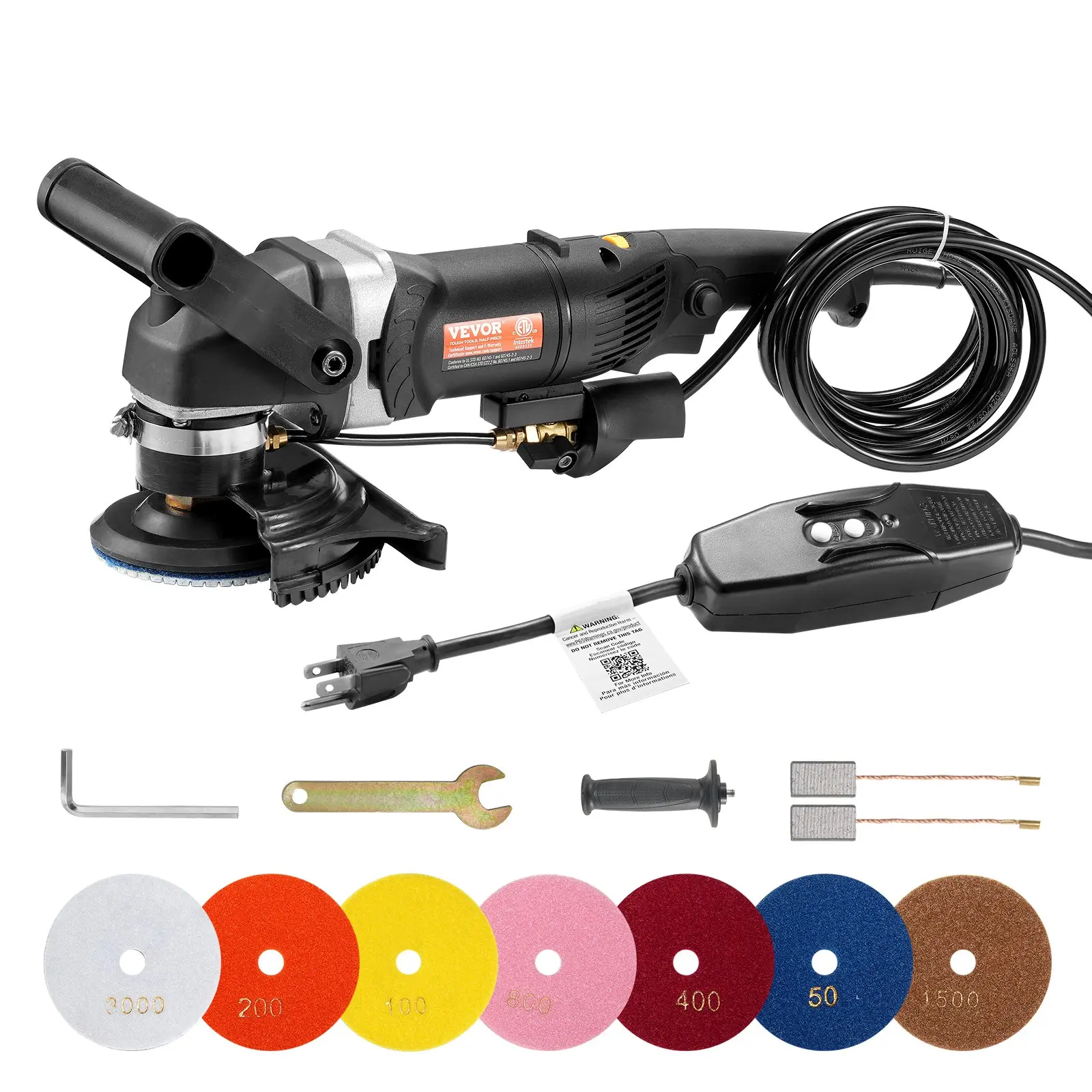 VEVOR Wet Polisher 800W, 4 Concrete Grinder with 6 Variable Speed and 7 Polishing Kits, Wet Grinder Machine for Marble, Granite, Stone, Rock, Tile, Equipped with a GFCI Switch, (700 - 3000 RPM)