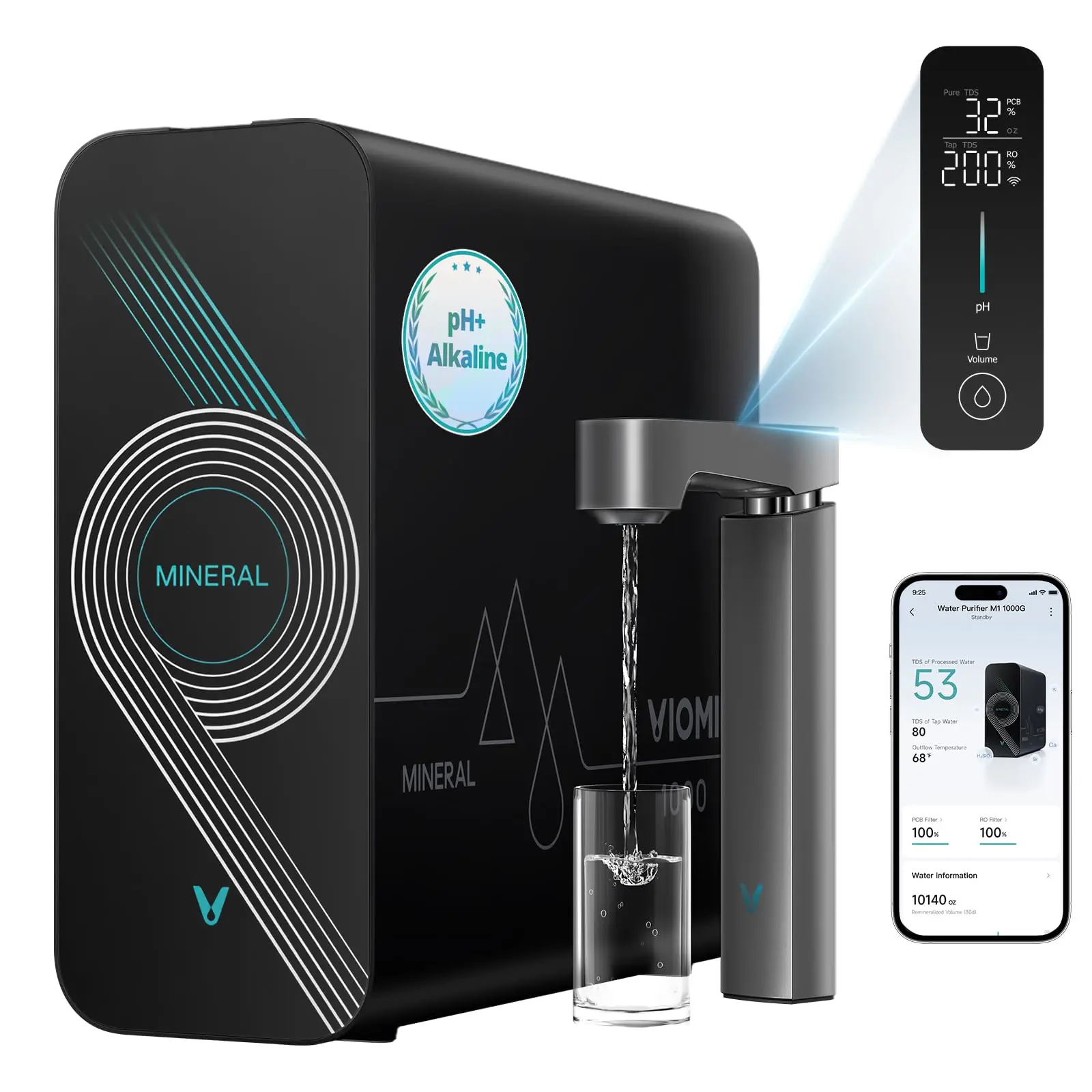 VIOMI Master M1 1000 GPD Alkaline Mineralized pH+ Reverse Osmosis System| 9-Stage & 4-Year RO Water Filter, Reduces TDS, PFOA/PFOS, & Lead, NSF/ANSI 42, 58 & 372, Touchscreen Faucet & App Control