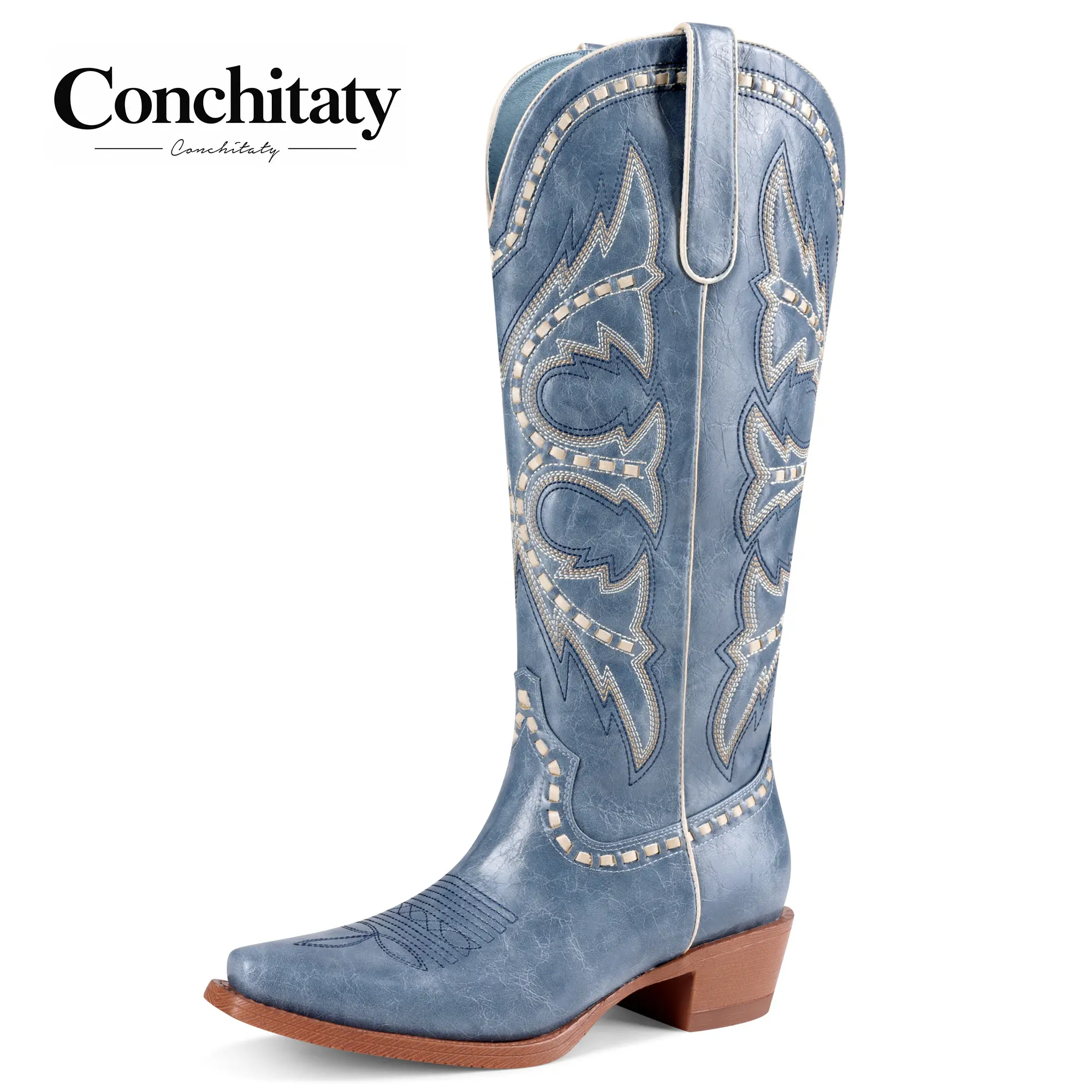 CONCHITATY Women's Western Style Dress Boots, Wide Calf Mid Calf Hand-Woven Leather with a Square Toe and Chunky Low Heel, Women's Shoes