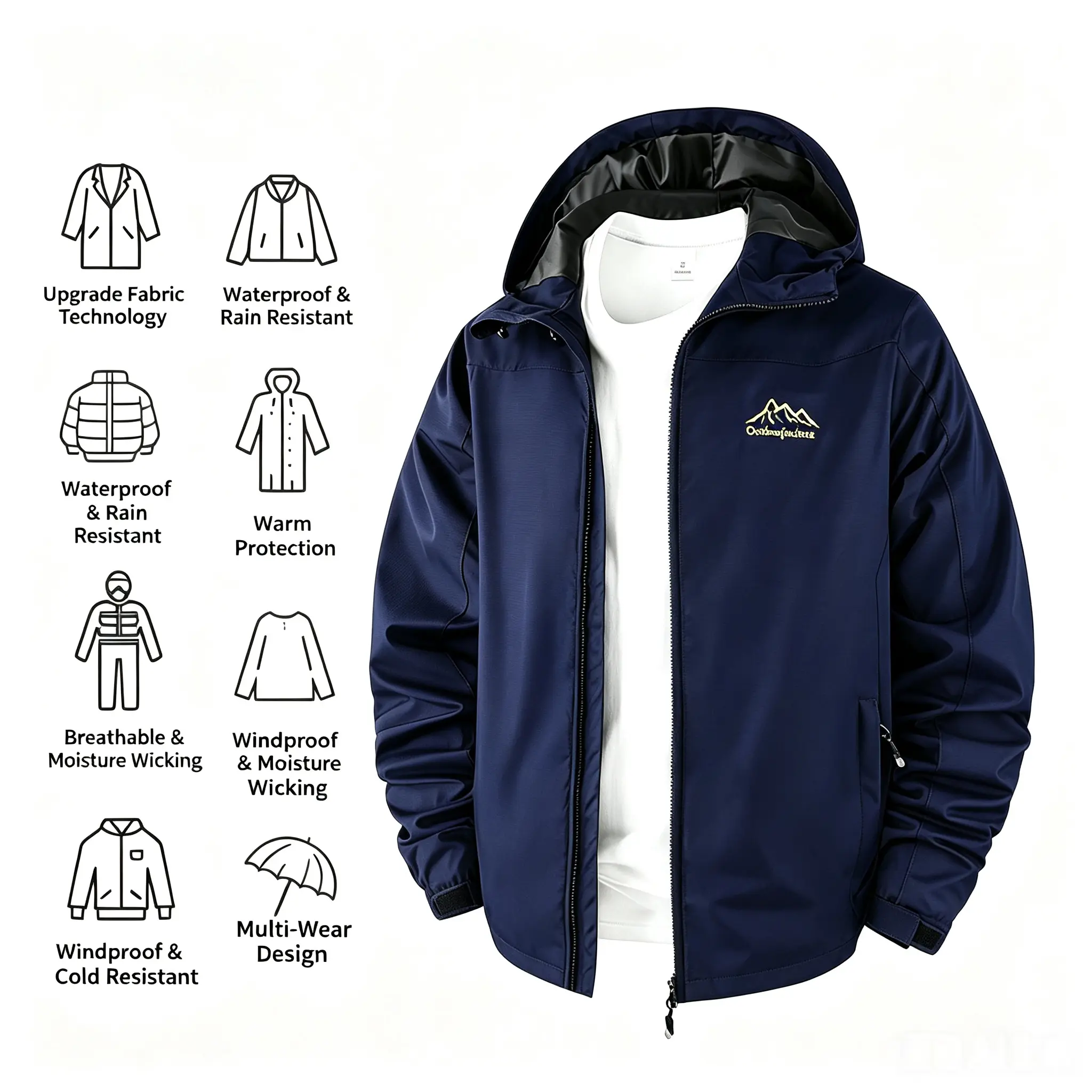 Men's Slim-Fit Polyester Outdoor Waterproof Hooded Softshell Jacket - Windproof, Casual Multi-Wear Outerwear for Hiking, Everyday Use