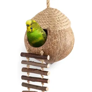 Coconut Bird Nest Hut with Ladder for Parrots Parakeet Conures Cockatiel - Small Animals House Pet Cage Habitats Decor