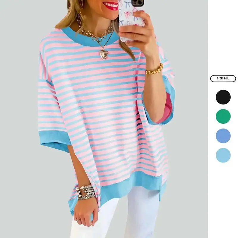 Imily Bela Womens Oversized T Shirts Striped Color Block Cotton Tops Summer Casual Half Sleeve Loose Fit Crewneck Sweatshirts