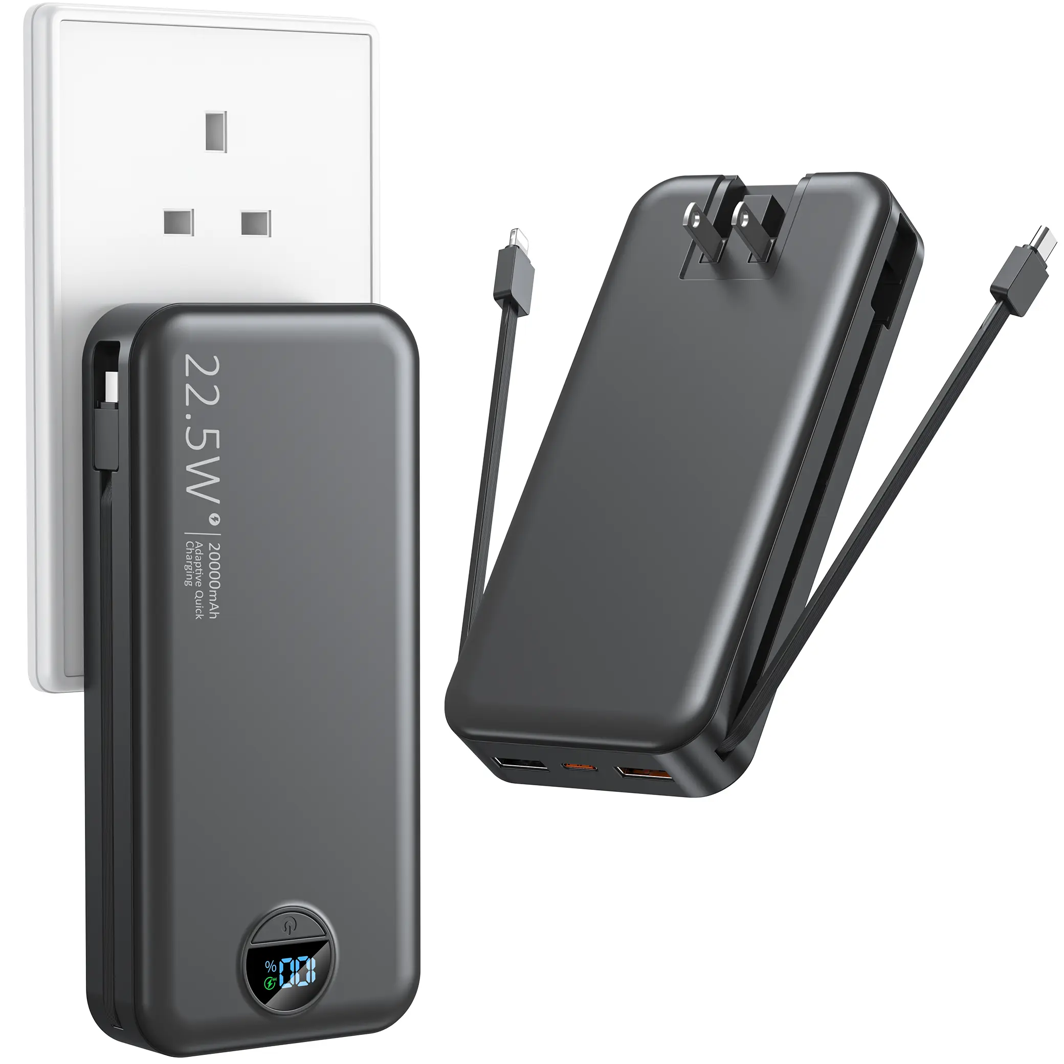Summerwins 20000mAh Portable Power Bank - Compact, 22.5W Max Fast Charging, Built-in Wall Charger, Foldable AC Plug, Built-in Cable for iPhone 15 Series, Galaxy, USB-C Android Smartphones, Devices, Travel Use
