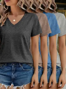 Women's V-Neck Short Sleeve T-Shirt 4-Piece Set, Casual Fitted Top, Solid Color, All Seasons, Plain Surface, Unlined