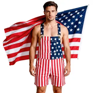 Men Women Denim Short Overalls Stretch Bib Shorts American Flag Print USA Patriotic Outfits for Memorial Day BBQ 4th of July Independence Day Celebration Outdoor Party Supplies