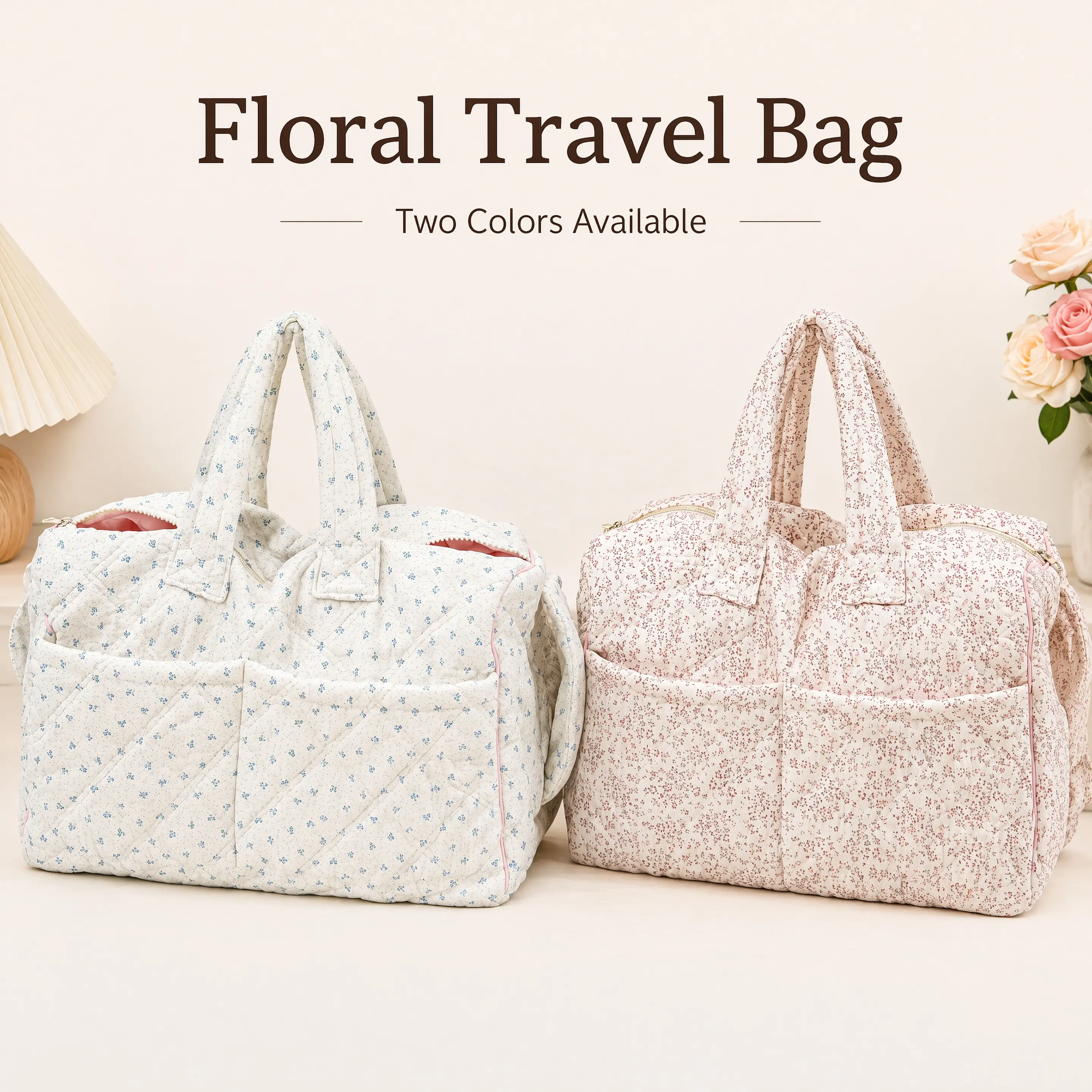 The Jelly Home Women's Soft Fabric Tote Bag - 2-Color Polka Dot Floral Print Design, Diamond Quilting, Zipper Closure, High-Capacity Overnight Bag with Shoulder Strap, for Holiday Short Trips & Postpartum Care, Tote Bags