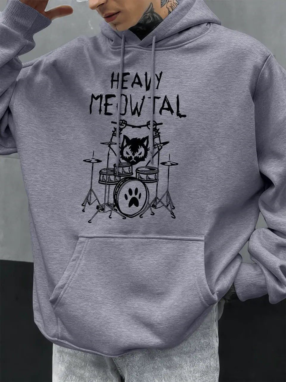 Heavy Meowtal Cat Playing Drums Hoodie Funny Music Lover Sweatshirt, Cute Rock Drummer Kitty Graphic Pullover, Unisex Streetwear Hoodie Gift For Cat Lovers