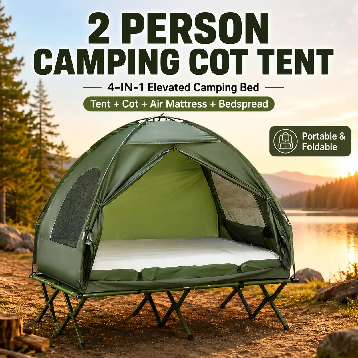 4-in-1 Foldable 2 Person Camping Cot with Tent Air Mattress and Bedspread Elevated Outdoor Sleeping Bed for Hiking Picnic Travel Heavy Duty Portable Waterproof Canopy Shelter Backyard Glamping Gear