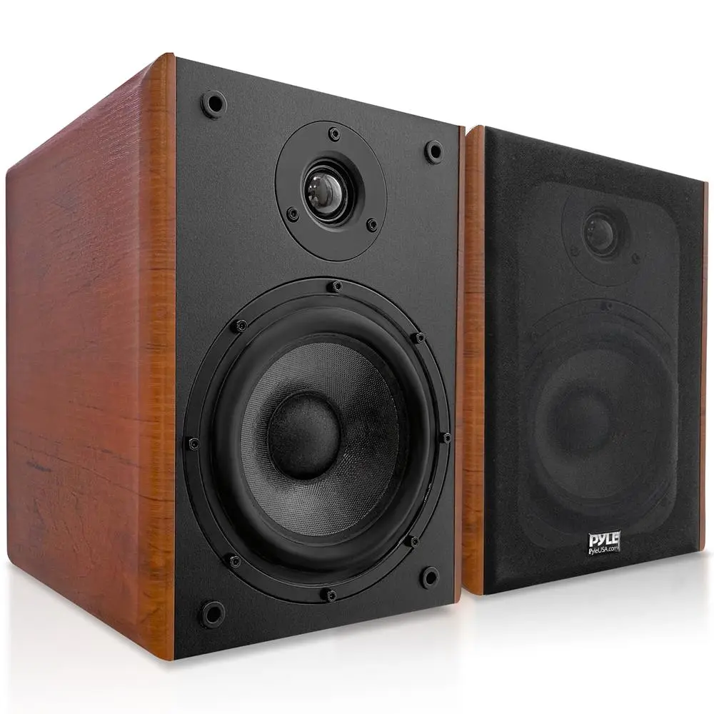 Home Entertainment Stereo Bookshelf Enclosure Speakers, 200W Max High Power High Output, 12mm MDF Enclosure, Silk Dome Tweeter, Wood Grain Finish, Aluminum Construction, Detachable Grill, Terminals, 11.4in x 7.5in x 9.5in