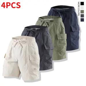 Set of 4 solid-color men’s drawstring shorts with flap pockets—loose, stylish outdoor work shorts suitable for summer outdoor adventures and everyday casual wear, featuring a fashionable elastic waistband and drawstring.,summervibes