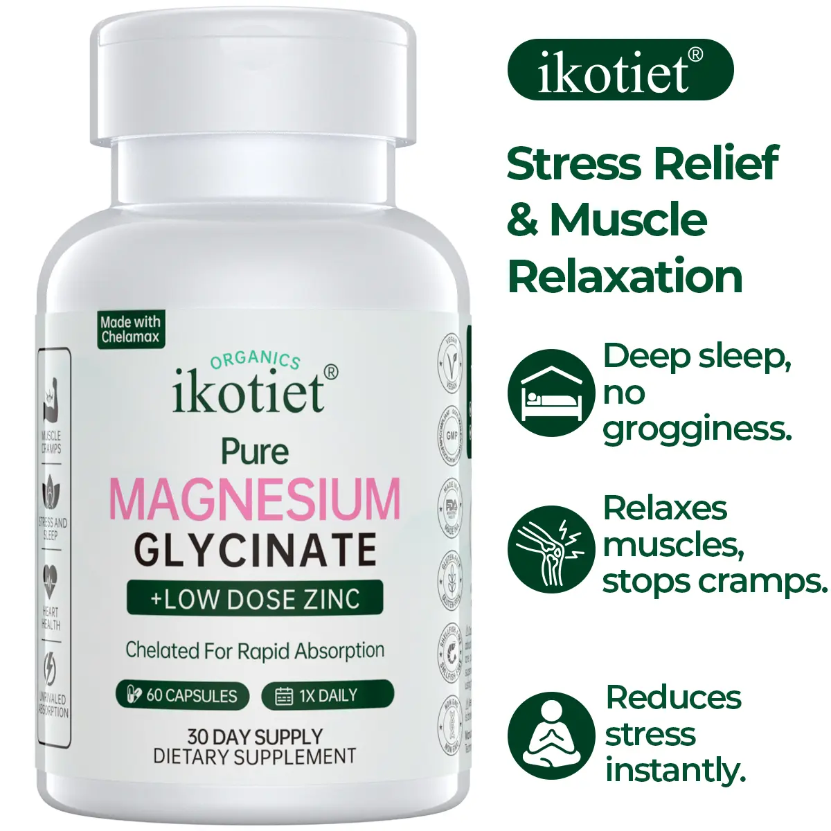 IKOTIET Magnesium Supplement - 60 Capsules with Seaweed, Pineapple, Lutein, Calcium, Plant Powder - Lactose-Free, Supports Brain Health, Vitality, Energy, Eye, Skin Health, Growth, Insulin Regulation, Stress Relief, Blood Pressure Control, Lemon, Sugar Fr