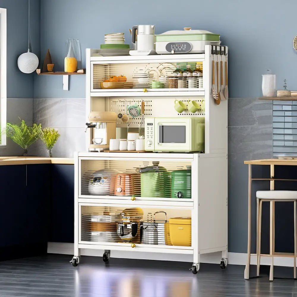 Sturdy Metal Double-Door Rotating Kitchen Cabinet, 360° Rotatable Bearing 250kg Bakers Rack, Thick Solid Structure, Easy Access, Quiet Stable Countertop Storage Rack with Pull-to-Move Design