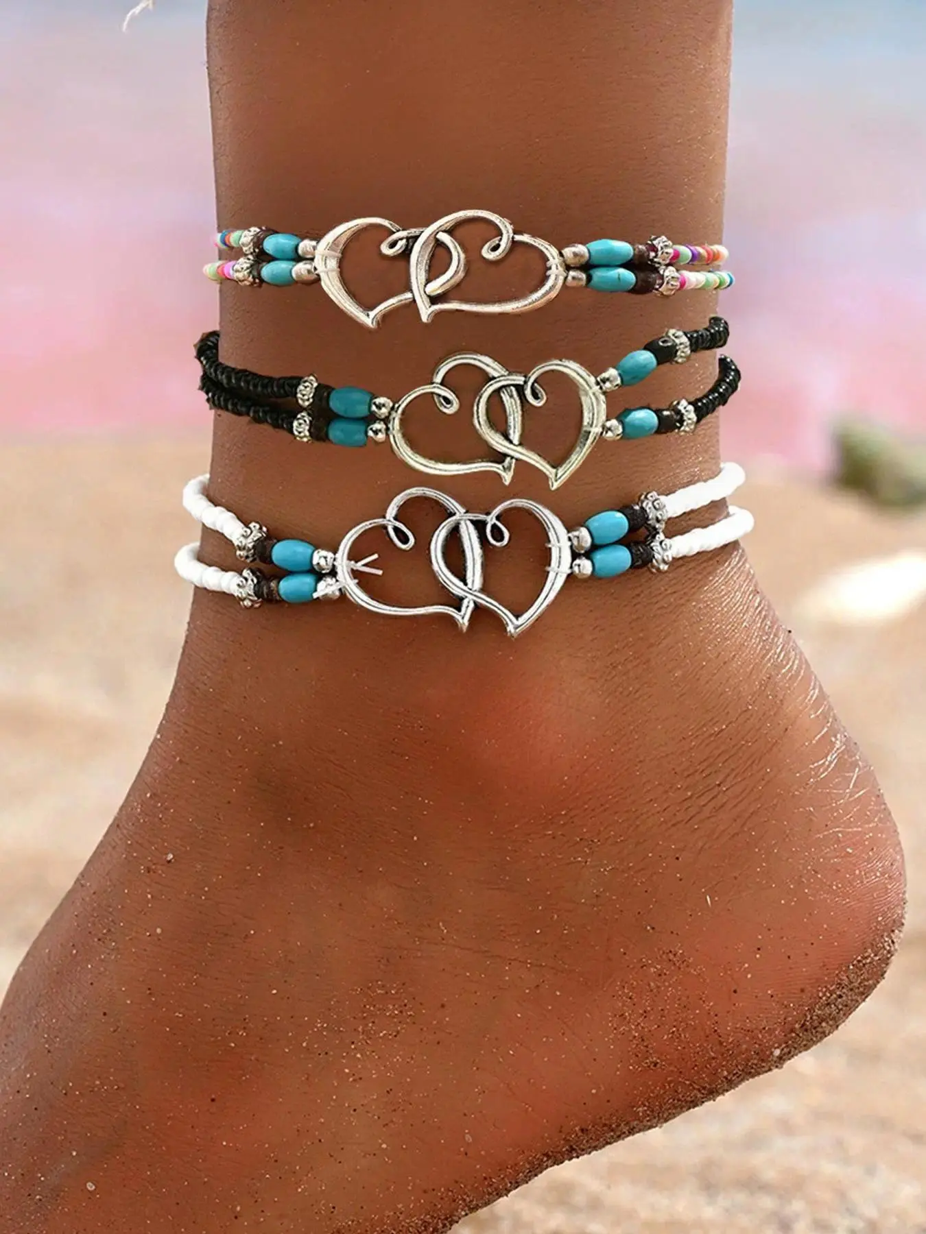 Summer Beach Bohemian-Style Double-Heart Anklet, a trendy, elastic-fit design featuring shell and starfish accents, this handcrafted chain jewelry serves as a versatile fashion accessory, Trendy Fashionable Accessories