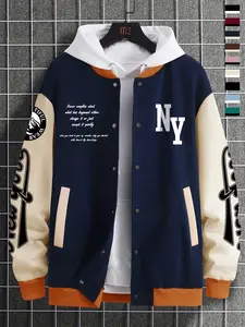Men's Colorblock Fitted Baseball Jacket, Retro American Style with Inspirational Elements, Casual Fashionable Design, Perfect for Daily Wear