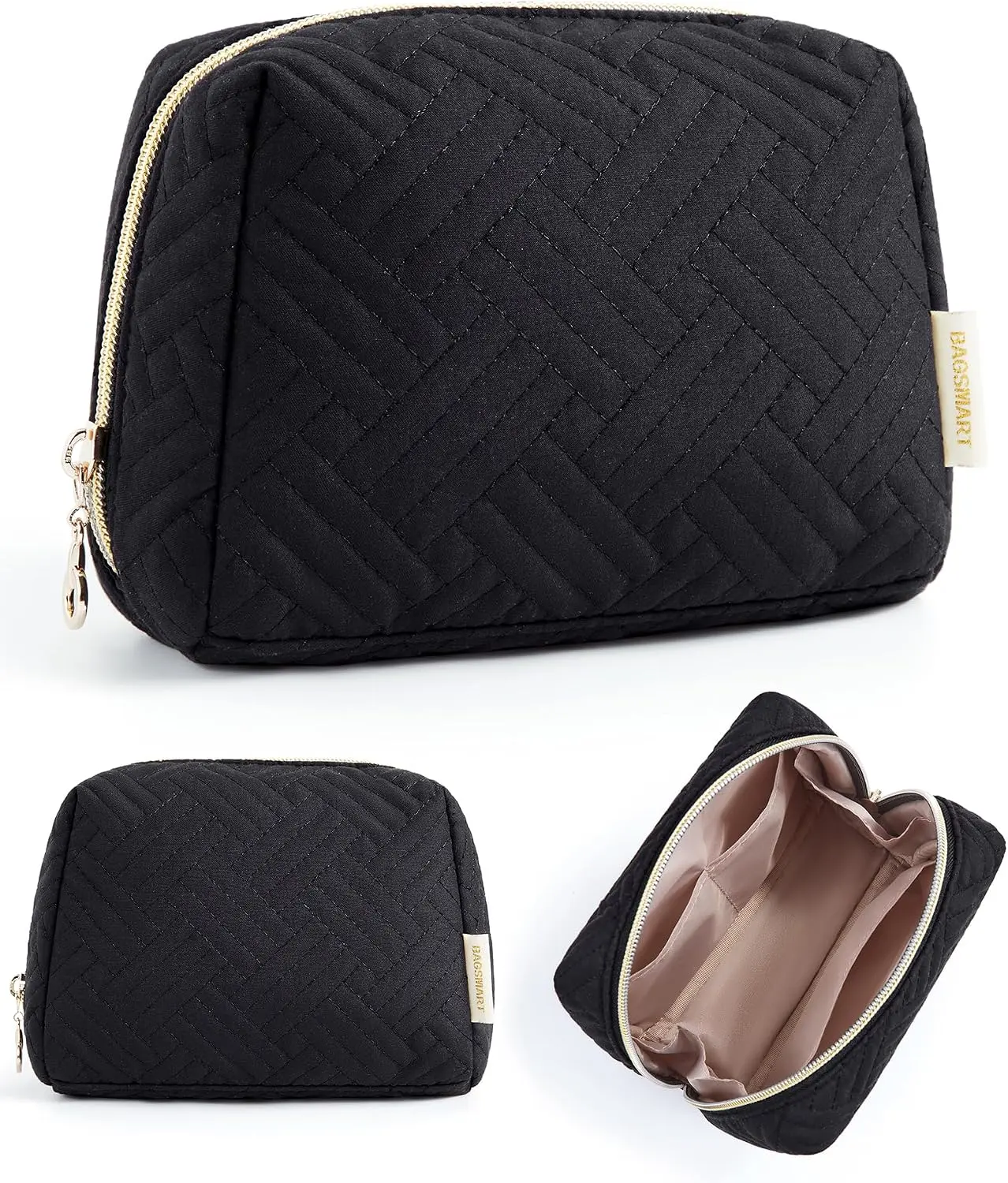 BAGSMART Small Quilted Travel Makeup Bag, Black Water-Resistant Washable Zipper Cosmetic Pouch, Compact Spacious Purse Storage for Makeup, Toiletries, Travel Essentials