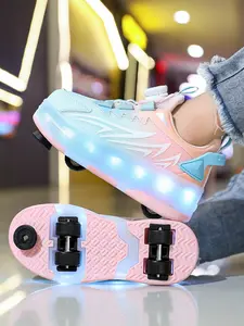 Children's LED Light-Up Skate Shoes, Shoes with Wheels, Rechargeable Battery, Detachable Four-Wheel Design with Brake, PU Leather Upper, Durable TPR Sole, Suitable for Ages 8 to 14, Ideal for Outdoor Play and Daily Wear, Unisex, Perfect Gift