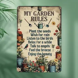 Rustic Brown Metal Garden Rules Sign Board - Floral & Bird Motif, Inspirational Quotes, Outdoor Patio Decor, Thoughtful Gardener Gift