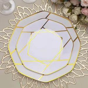 10-Pack Plastic Octagon Dessert Plates 8" White with Gold Geometric Design - Stylish Disposable Salad/Appetizer Plates for Modern & Sophisticated Tablescape