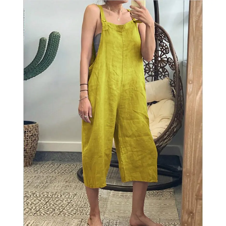 Women Loose Cotton Linen Jumpsuit Sleeveless Harem Overalls Jumpsuits Loose Vintage Pants Femme Clothes