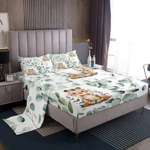 Kids Cute Animal Bed Sheets Set for Girls Boys Cartoon Tiger Sheet Setspring Eucalyptus Sheets Watercolor Leaves Bed Set,Kawaii Jungle Animal Flat Sheet