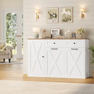 HOSTACK 12.5 Gallon Kitchen Trash Cabinet, 47" Double Trash Can Cabinet, Large Pull Out Can Storage Drawers, Wood Farmhouse Hidden Garbage Storage Buffet for Kitchen, Trash can not included