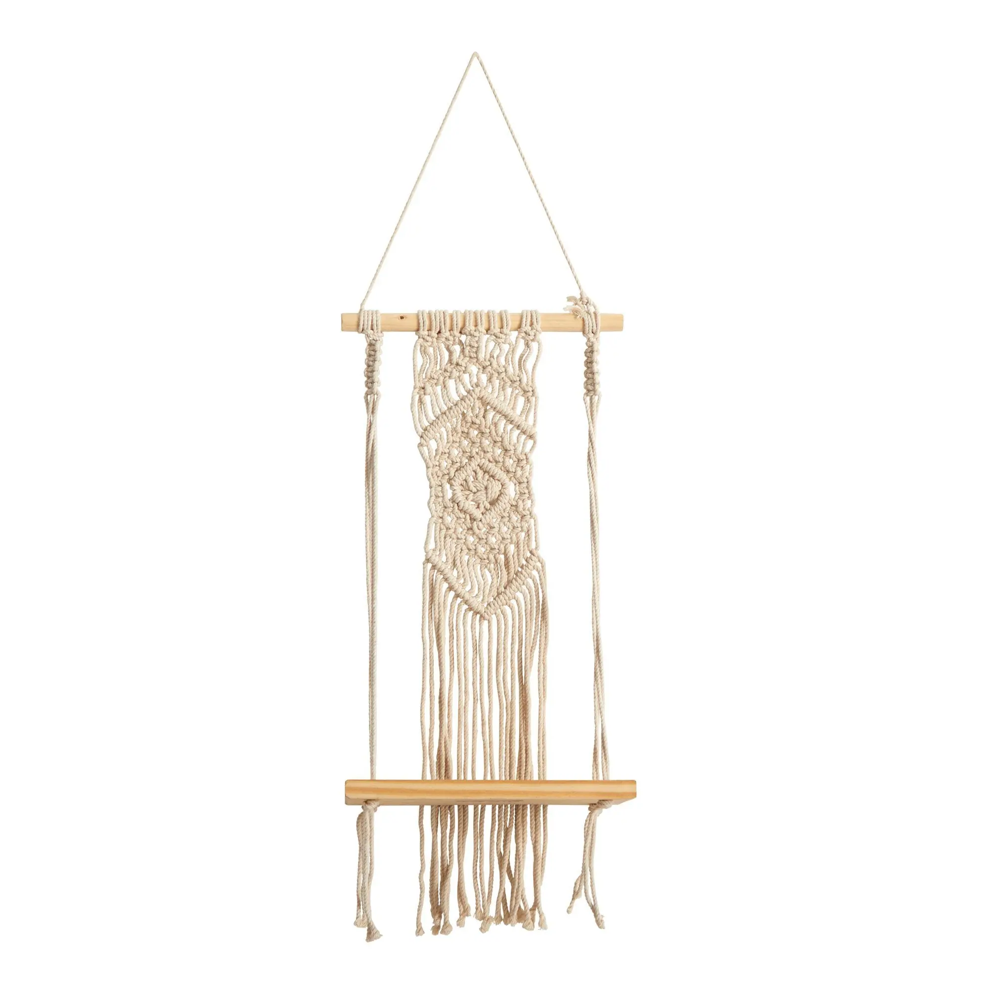 22” Handmade Craft Boho Chic Wood Macrame Hanging Shelf with Diamond Weave - Wall Mount Hanging Decoration, Home Wall Ornament, Room Decor for Plants