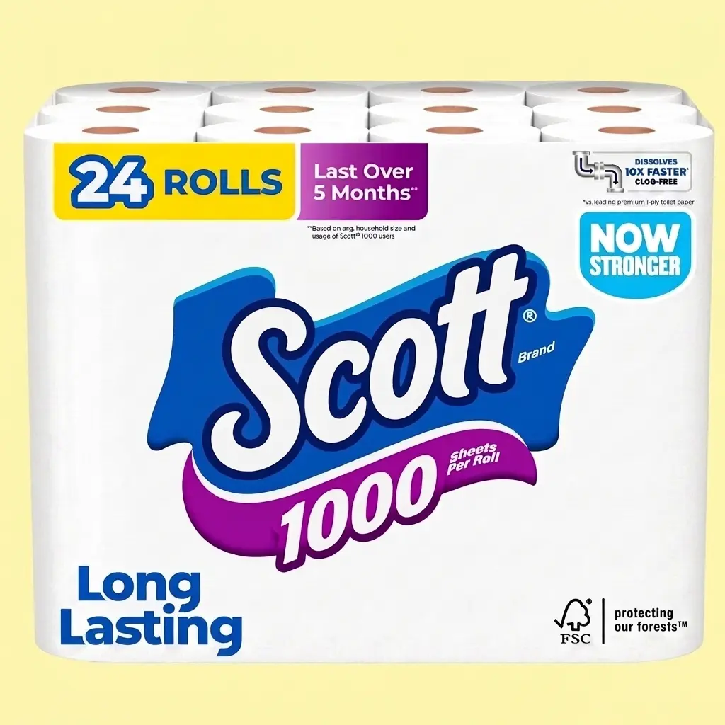Scott 1000 Toilet Paper 24 Rolls 1000 Sheets Per Roll 1-Ply Septic Safe Fast Dissolving Bathroom Bath Tissue Paper Set