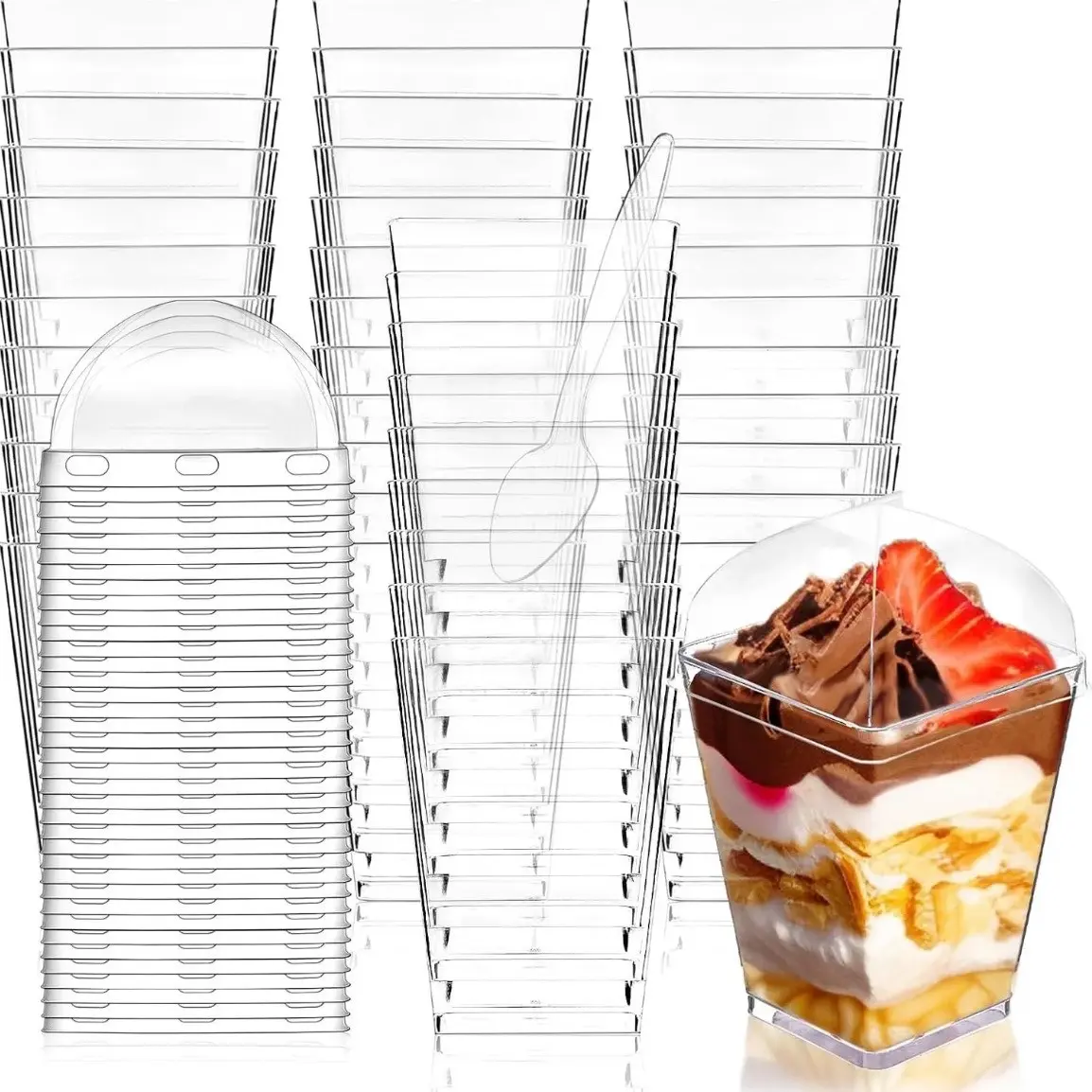 50 Pack 5oz Clear Dessert Cups with Round Lids & Spoons - Reusable Parfait Cups & Mousse Cups, Mini Shot Glasses, Reusable Plastic Cups, Plastic Party Cups, Suitable for Parties, Layered Desserts and Tasting