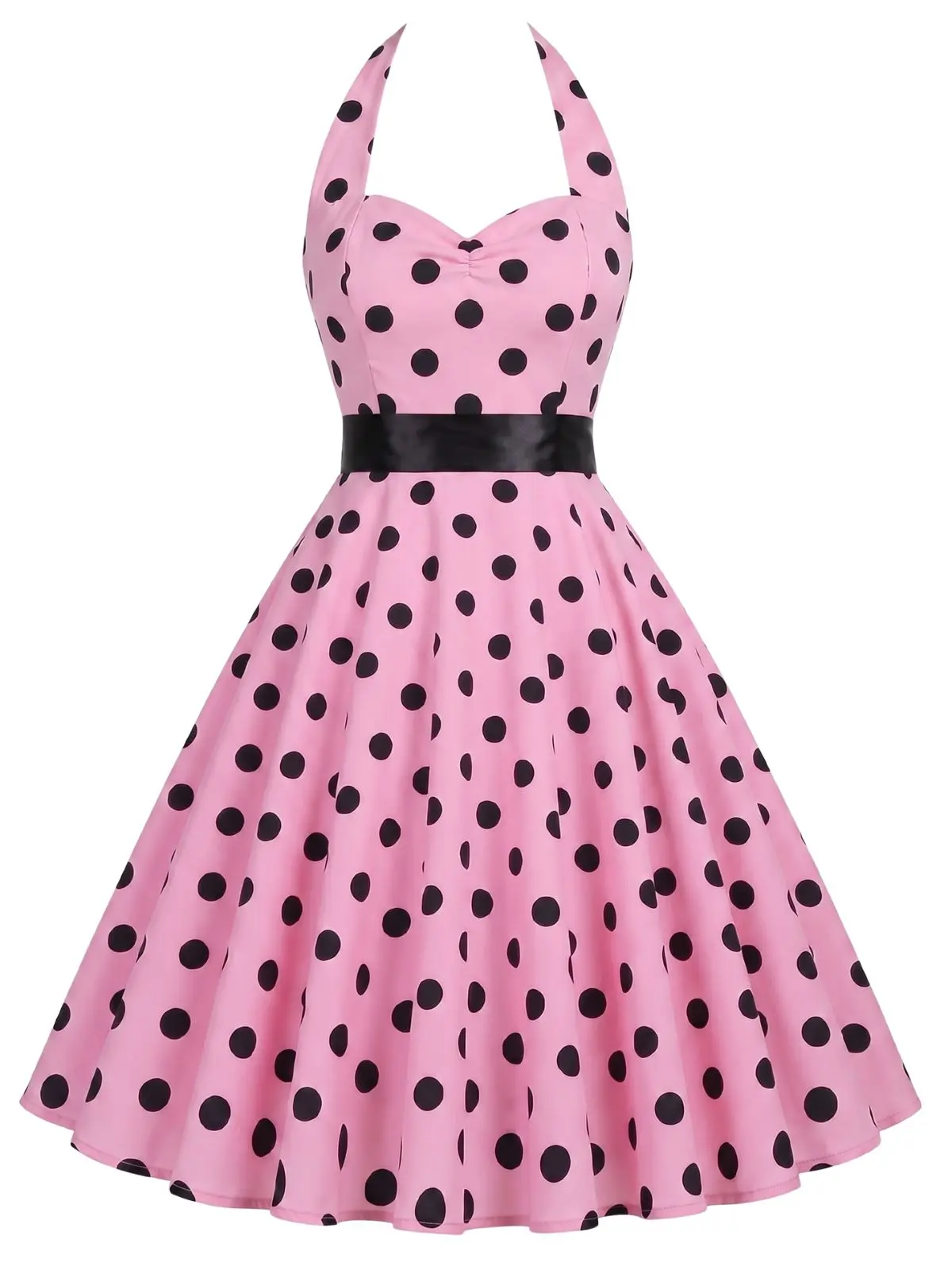 RETRO STAGE Women's 1950s Vintage Polka Dot Halter Neck Cotton Casual Dress - Sleeveless, Cold Shoulder, A-Line Knee-Length, Bow Accent, Flared Skirt - Cute, Casual Wear, Stylish Women's Wear, Valentine's Day Use - Pink (Care Tip: Do Not Bleach), Women's