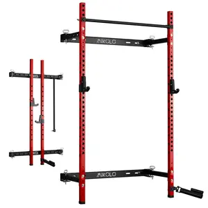 MIKOLO Space-Saving Squat Rack – 1000 lb Capacity, Wall-Mounted with Pull-Up Bar, Foldable Design, Quick-Attach Bar, 2"x2" Steel UprightsMIKOLO