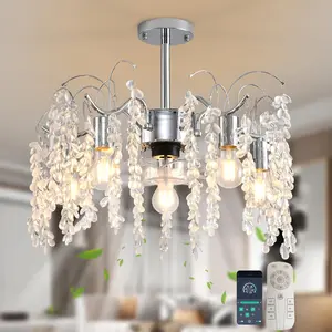 20in Ceiling Fan with Lights,Modern Chrome Crystal Chandelier Ceiling Fan with Light and Remote for Bedroom Kitchen Living Room(6 Speed, Timing)