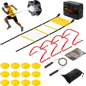 Agility Ladder Training Set, 20FT Speed Ladder with Cones, Hurdles, Jump Rope & Running Parachute – Complete Soccer & Football Speed Training Equipment for Kids & Adults