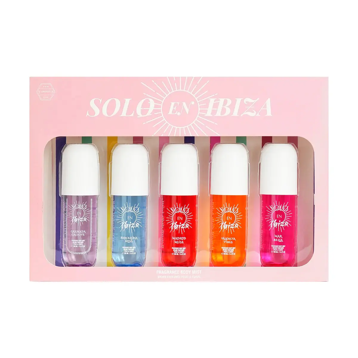 SOLO EN IBIZA Hair & Body Mist Gift Set, 5 x 100 ml Cruelty-Free Mist Spray Bottles with Fruity, Floral, Amber & Vanilla Scents, Salted Caramel, Body Mist Perfume, Fragrances