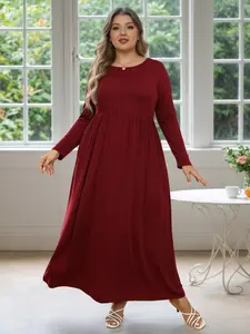 Women's Round Neck Long Sleeve Stretchy Soft Casual Fitted Long Plus Size Dress, Perfect for Bridesmaids, Vintage Style Wedding, Evening & Party Wear, Comfortable Fabric, Womenswear