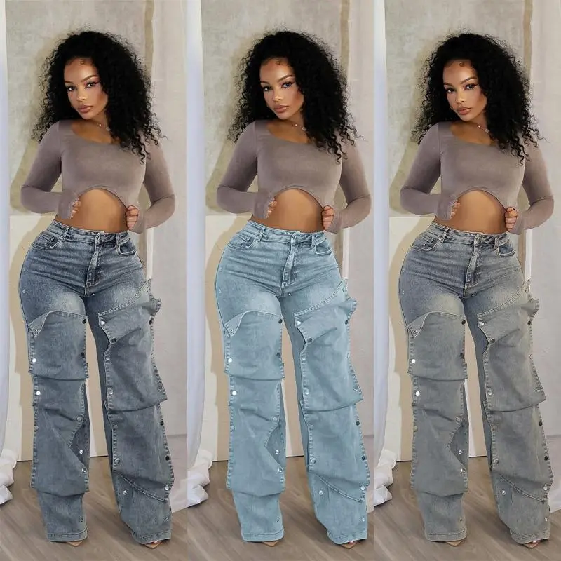 2025SpringAndSummerNewWomen'sFashionNailButtonDenimDecorativeLooseTrousersGymtostreetstyle