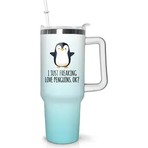 30 oz Penguin Tumbler with Handle and Straw - Portable Vacuum Insulated Stainless Steel Drinkware, Leak-Proof Travel Coffee Mug, Insulation-Enhanced Kitchenware Gift for Penguin Lovers, Boyfriend, Girlfriend, Son, Ideal for Home, Office