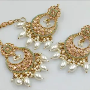 Bollywood Ethnic Chandbali Style Big Earrings Maang Tikka Set Traditional Fashion Jewelry Gift for Women. (NO REFUND OR EXCHANGE)