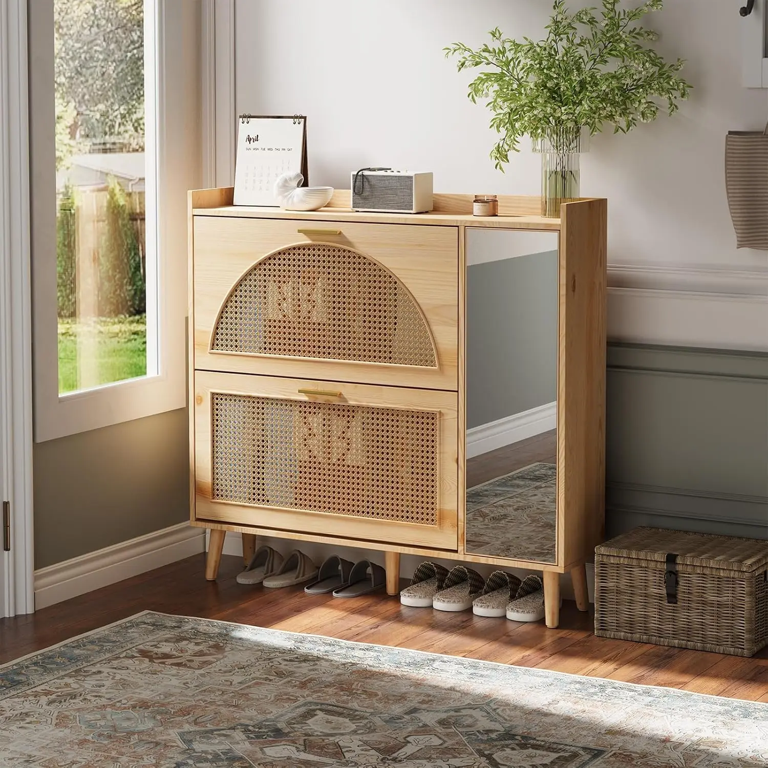 Natural Rattan Shoe Storage Cabinet, Freestanding Hidden Shoe Rack Cabinet with 2 Flip Drawers, Mirror & Adjustable Shelves for Entryway, Hallway, Closet, Living Room, Farmhouse, Closet Storage