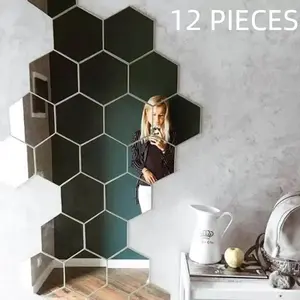 12-Piece Self-Adhesive Wall Mirrors, Hexagonal Acrylic Design, Waterproof & Moisture-Resistant, Ideal for Bathroom Decor, Home Decor, Non-Breakable