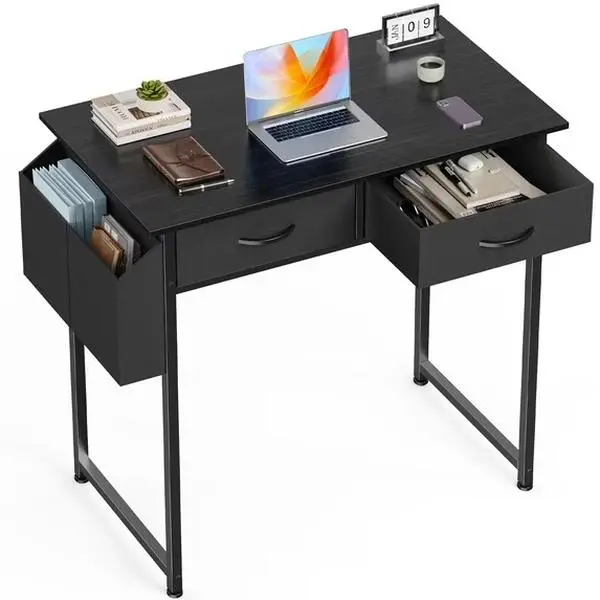 Small Computer Desk with Fabric Drawers & Storage Bag Iron Hook for Bedroom