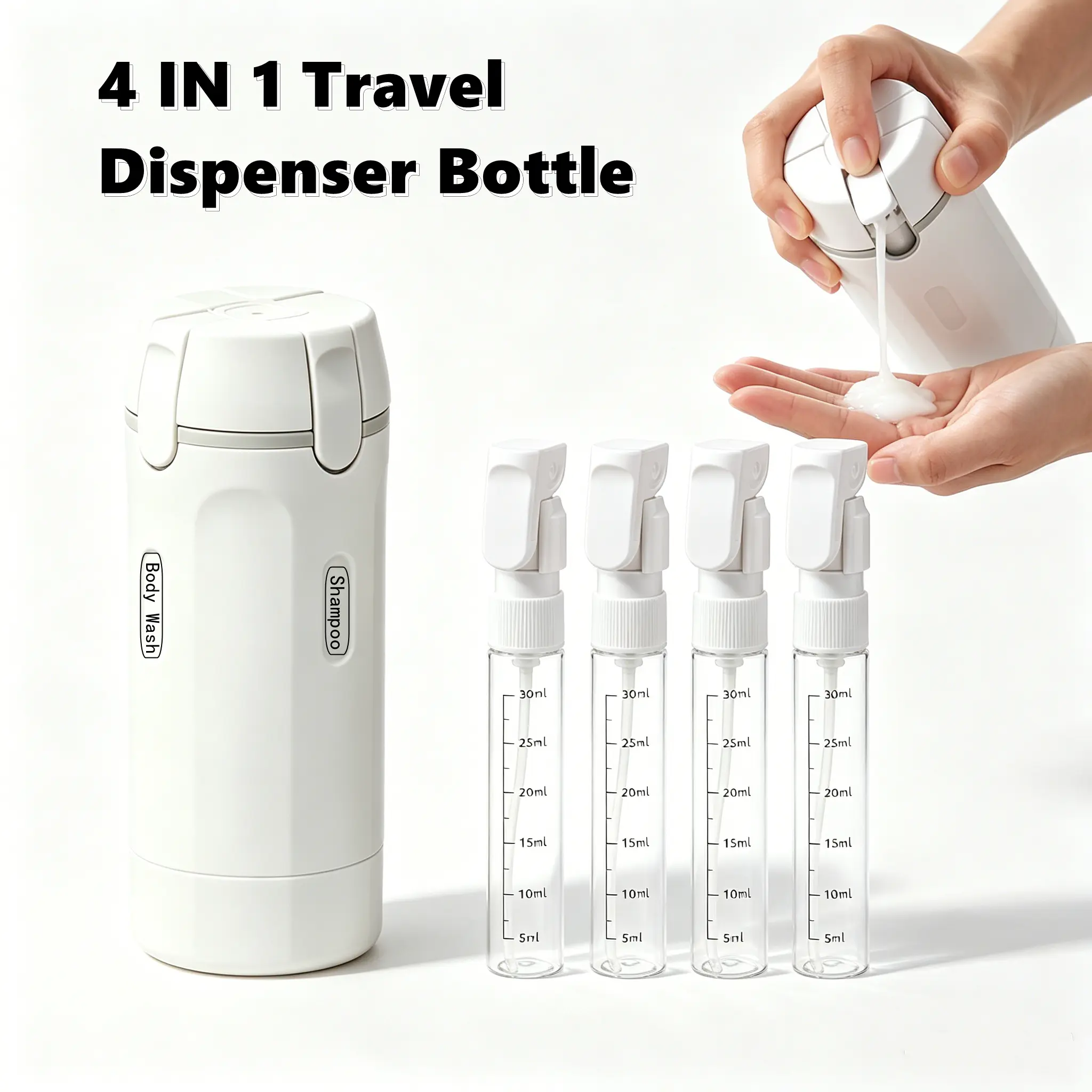 4-in-1 Leak-Proof 150ml Travel Refillable Bottles Set, Foldable Compact Cylindrical Daily Toiletry Containers for Shampoo, Body Wash, Lotion, Toner, Ideal for Travel, Gym Workout, Space-Saving Dispensers With Scale Marks, Collapsible