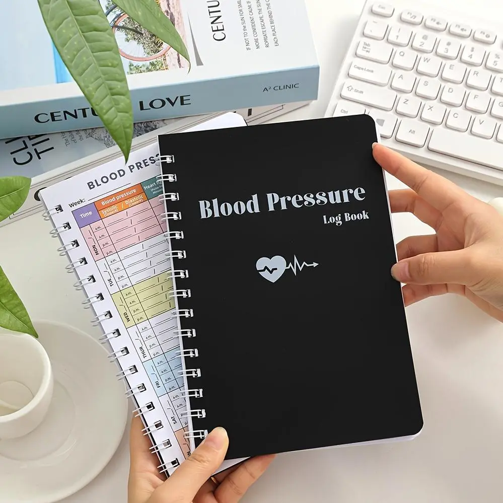 96-Page A5 Black PVC Blood Pressure Log Book with Heart Rate Tracker, Colorful Inner Pages for Daily Health Monitoring and Record Keeping – Ideal for Personal and Family Use