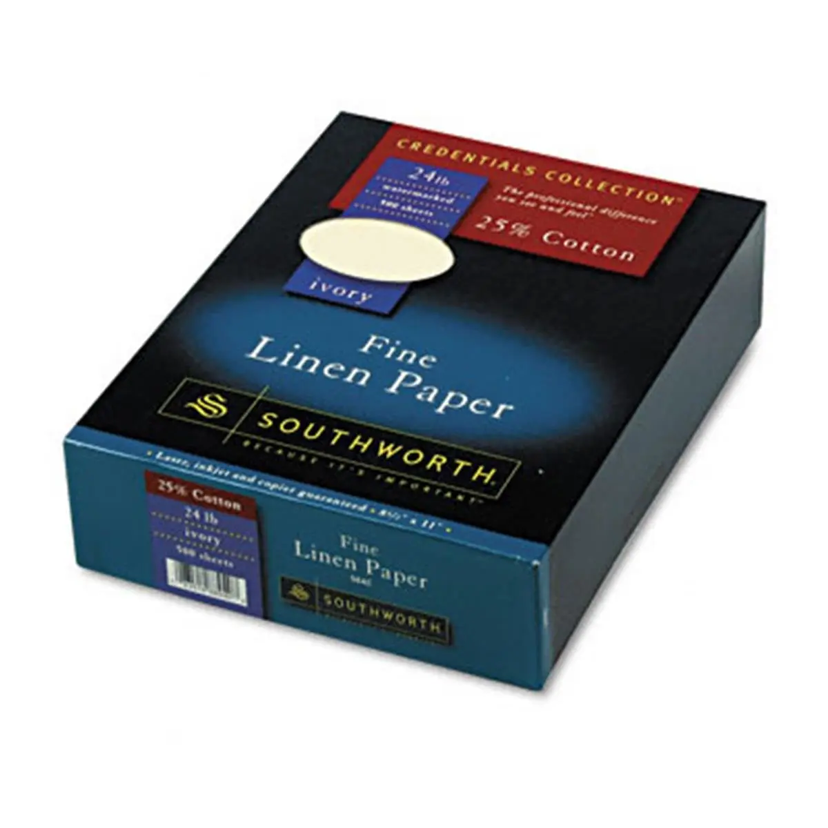 Southworth Credentials Collection Class High-Quality 25% Cotton Fiber Fine Linen Copier Paper, Ivory, 24lb, 8.5"x11" Letter Size, 500 per Box, Laser Printer-Compatible, Acid- & Lignin-Free, Ideal for Watermarking