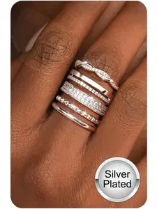 Non Tarnish Gold Silver Stackable Rings for Women - 14K Gold Plated Waterproof Stacking Thin Chunky Bands Cubic Zirconia Thumb Ring Set 2-4mm Trendy Statement Promise Engagement Rings Size 5-10