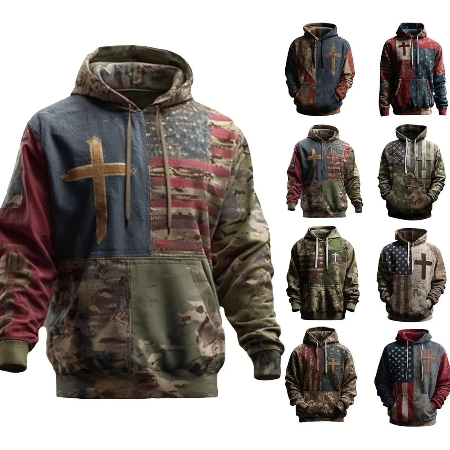 Men's Vintage Casual Hoodie - Flag-Themed, Embellished, Cozy, Culturally-Inspired, Decorated American Flag Cross Faith Christian Patriotic 2025 Fashion Top, Flag-Themed Men's Hoodies, Embellished Men's Hoodies