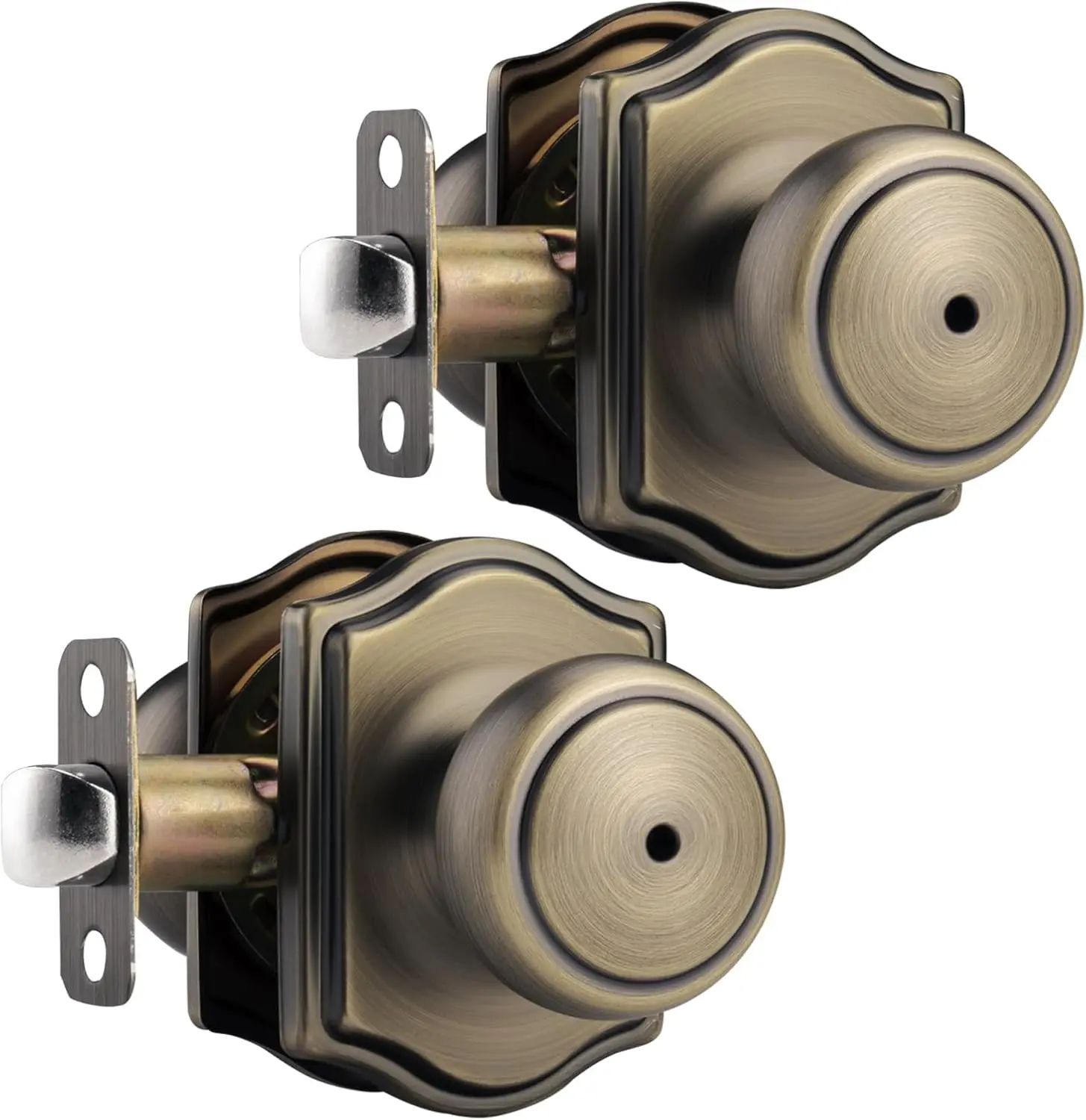 2 Pack Antique Brass Door Knobs with Camelot Trim,Interior Door Knob with Lock,Privacy Door knob for Bath and Bedroom