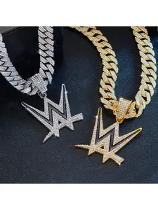 A set of W-themed street hip-hop pendant necklace, shiny Cuban chain style, suitable for both daily and party scenes for street fashionistas, Fashionable Jewelry Set