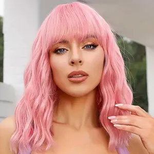 MERISIHAIR Short Wavy Black Wig with Bangs, Short Black Bob Wigs for Women, Wavy Bob Wig with Bangs Synthetic Natural Looking Heat Resistant Fiber Wigs Hair Replacement Wigs